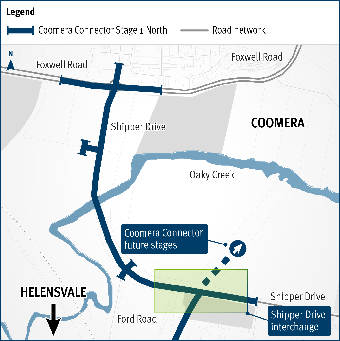 Project location map highlights where the Coomera Connector will connect with Shipper Drive. 